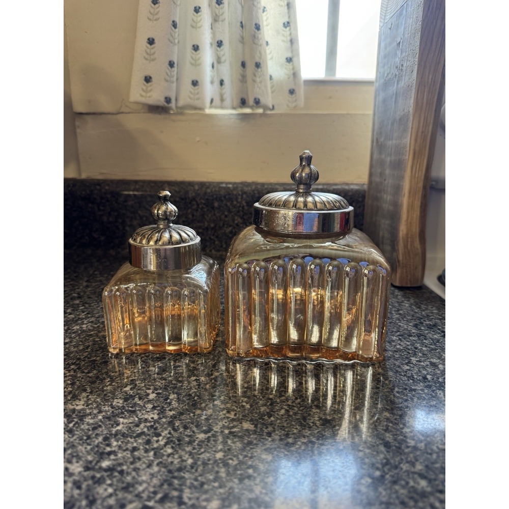2- ANDREA by SADEK CANISTER/CONTAINERS Iridescent Amber/Gold Silver Tone Lids